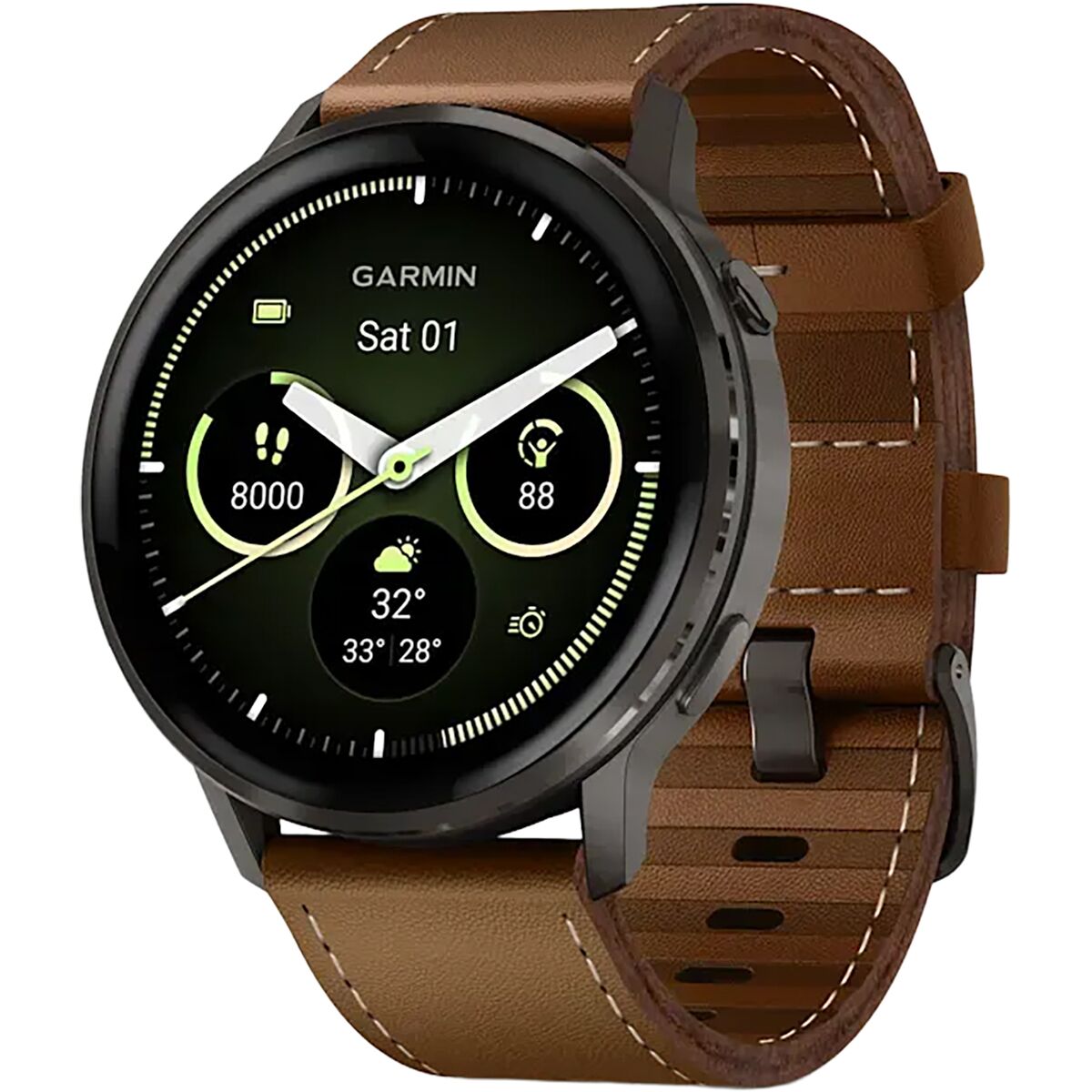 Image of Garmin Venu 4 Sport Watch - 45mm Slate/ Black / Brown Leather, 45mm