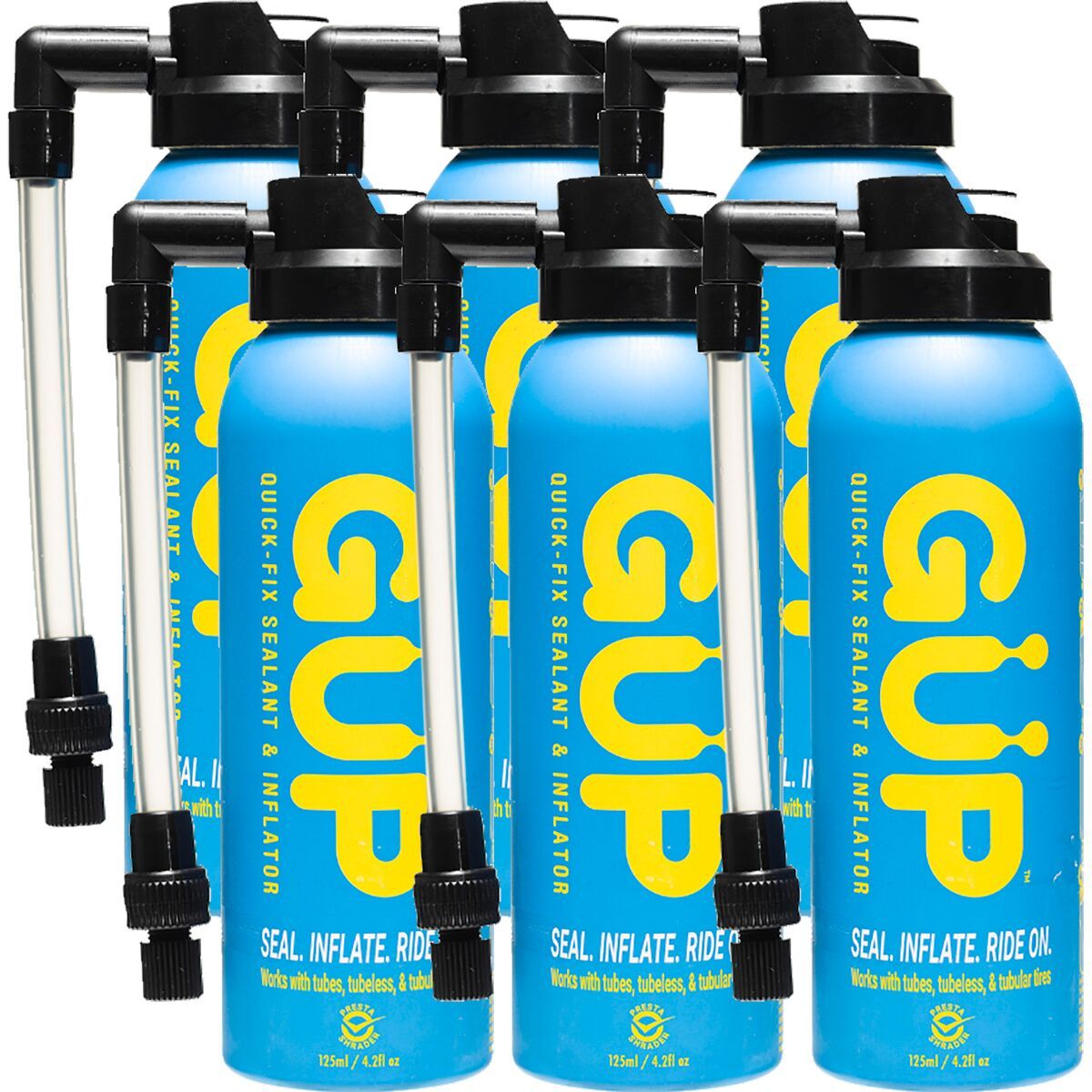 Image of GUP Industries Kwiki Inflator & Sealant - 6-Pack Hose Top (Presta/Schrader), 125ml, 6-pack