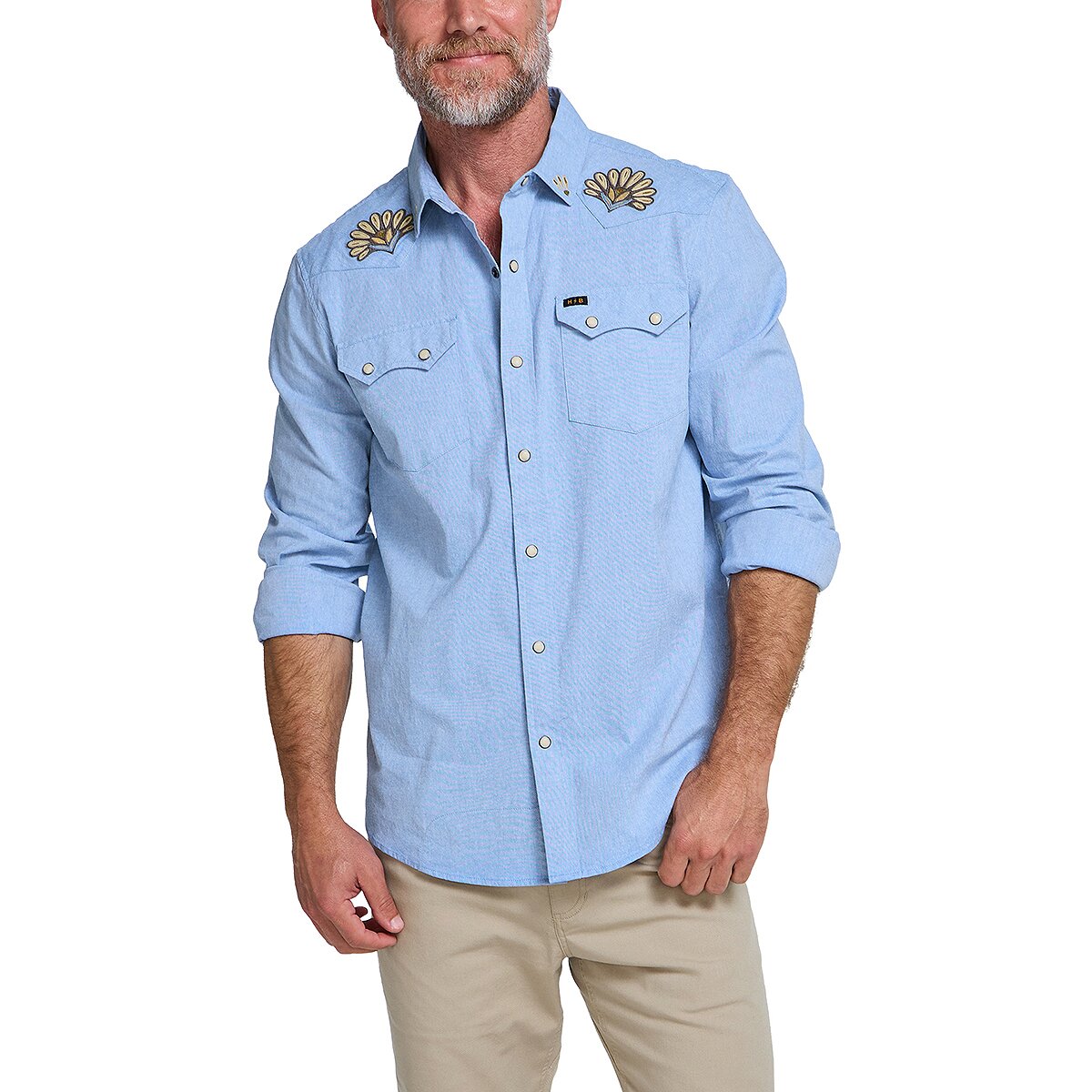Image of Howler Brothers Crosscut Deluxe Long-Sleeve Shirt - Men's Fanned Flora/Faded Blue Oxford, L