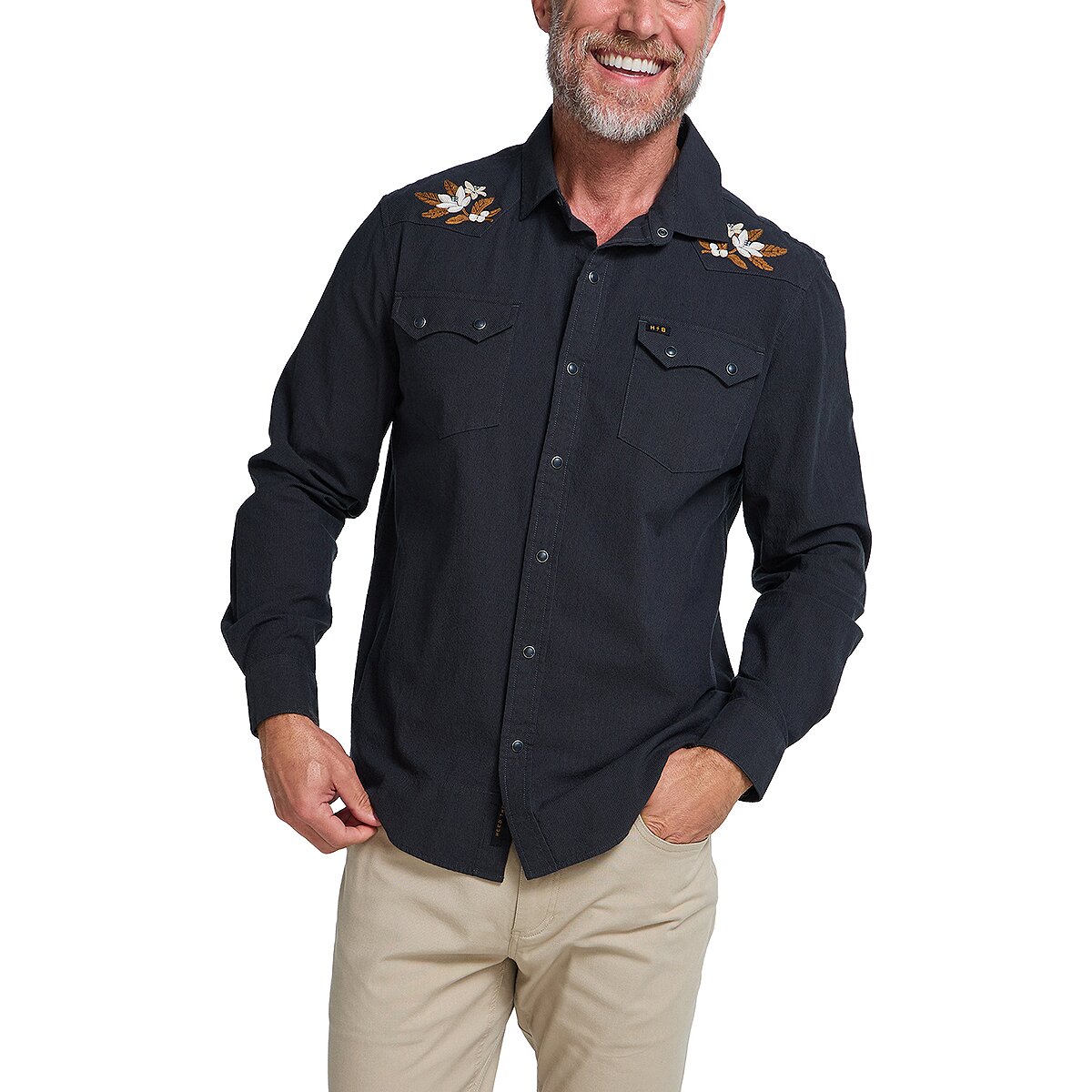 Image of Howler Brothers Crosscut Deluxe Long-Sleeve Shirt - Men's Orange Blossoms/Antique Black, S
