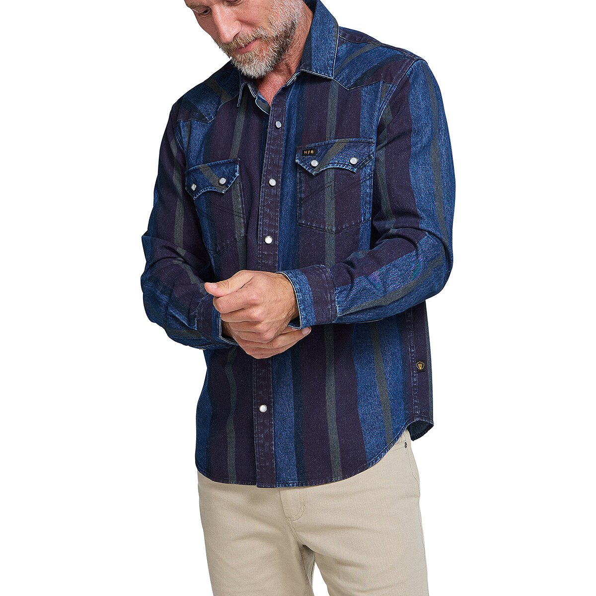Image of Howler Brothers Dust Up Denim Snapshirt - Men's Driver Stripe/Eggplant, S