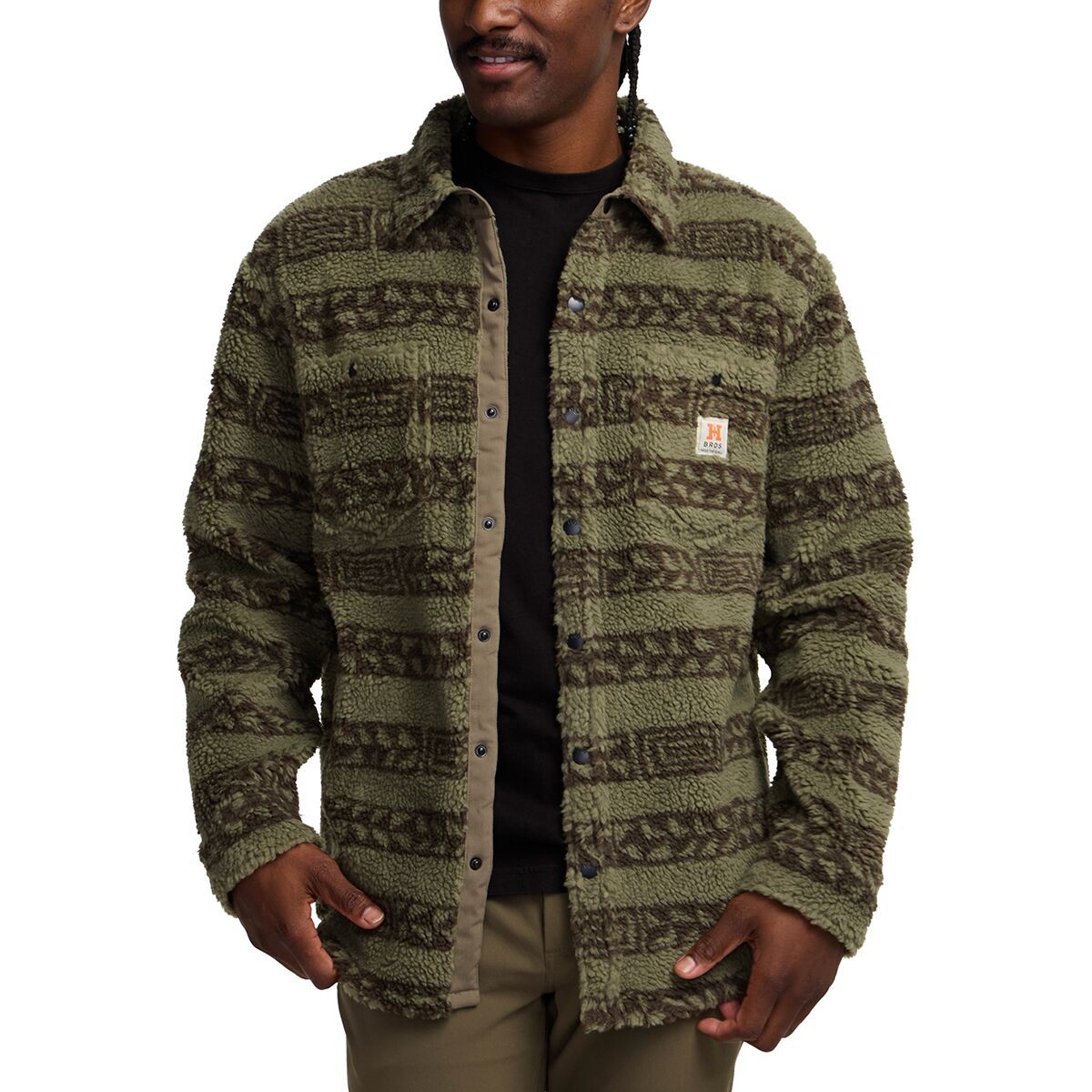 Image of Howler Brothers Allegheny Fleece Overshirt - Men's Hanko Stripe-Lichen Green/Croc Brown, M