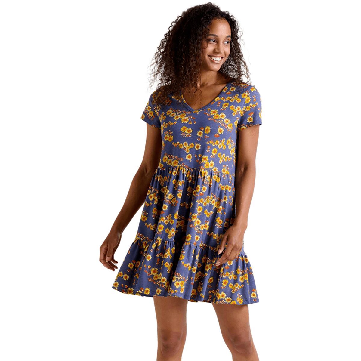 Toad&Co Marley Tiered Short-Sleeve Dress - Women's Blue Shadow Daisy Print, M