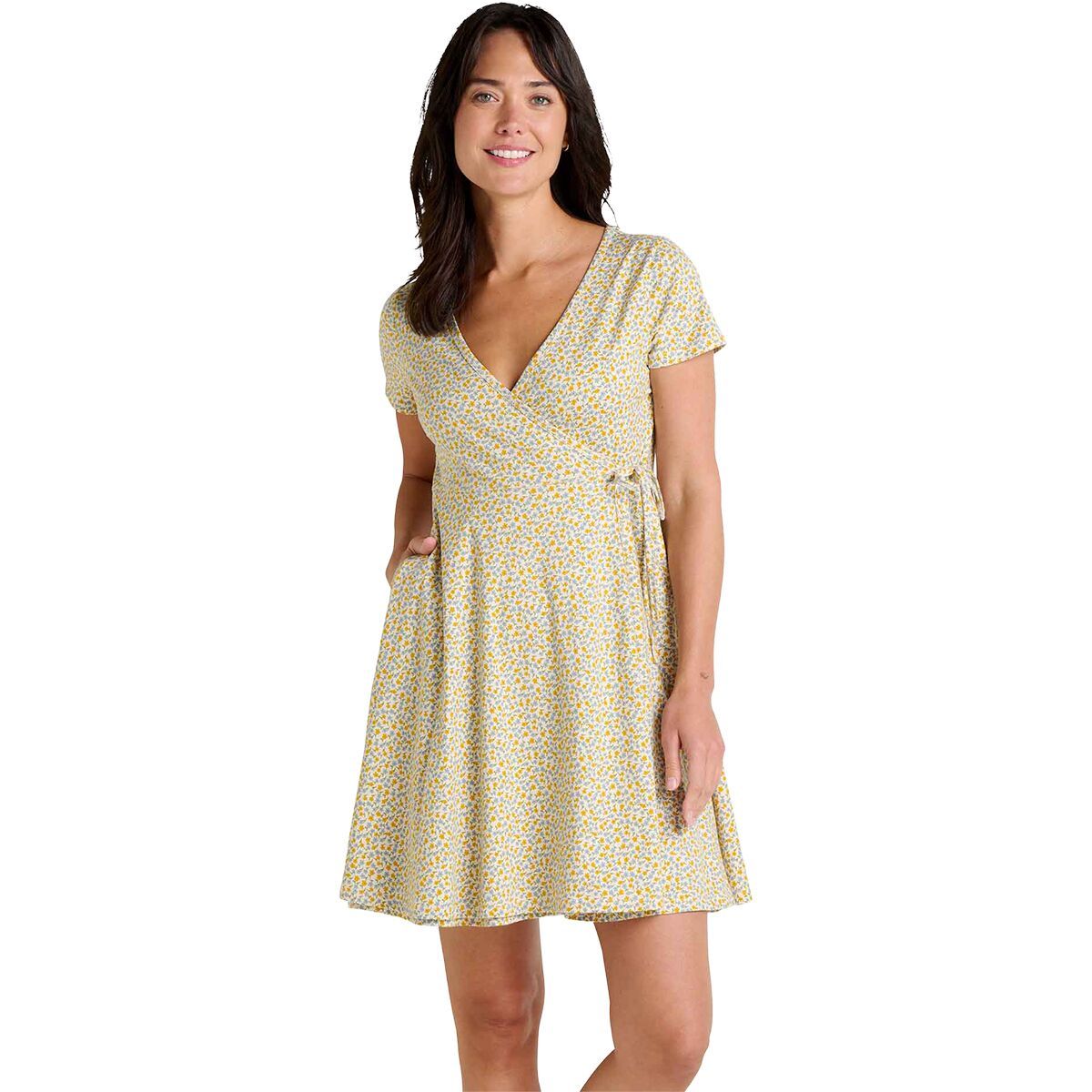 Image of Toad&Co Freesia Wrap Short-Sleeve Dress - Women's Gold Print, XL