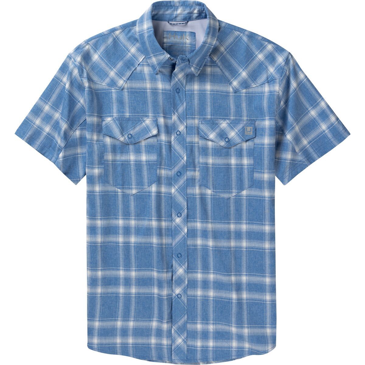 Image of Huk Diamond Back Current Plaid Short-Sleeve Shirt - Men's Ocean Blue, M