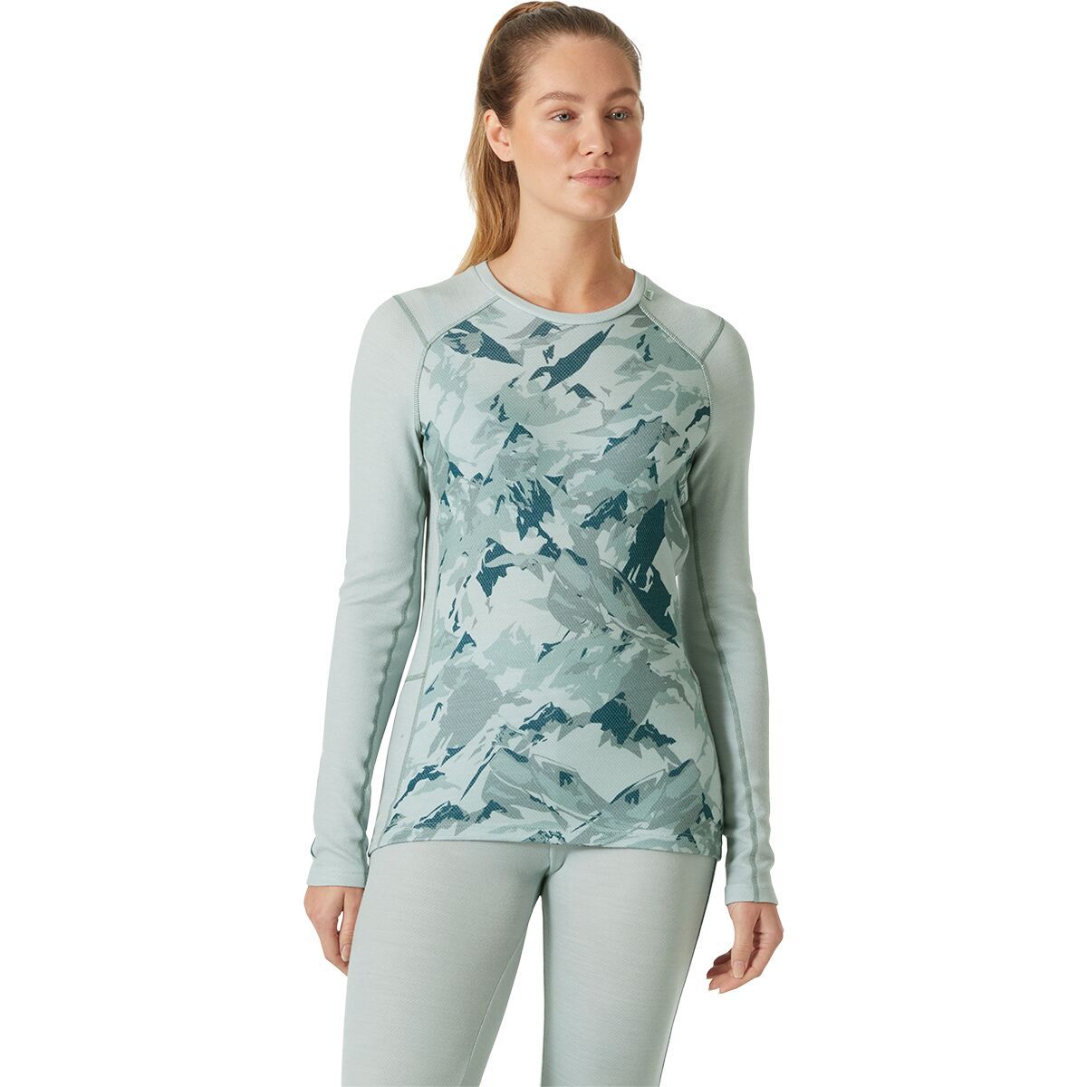 Image of Helly Hansen Lifa Merino Midweight Graphic Top - Women's Green Mist Mountain Camo A, L