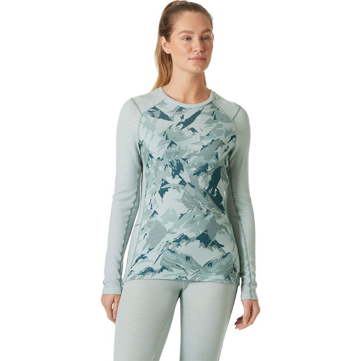 Image of Helly Hansen Lifa Merino Midweight Graphic Top - Women's Green Mist Mountain Camo A, XL
