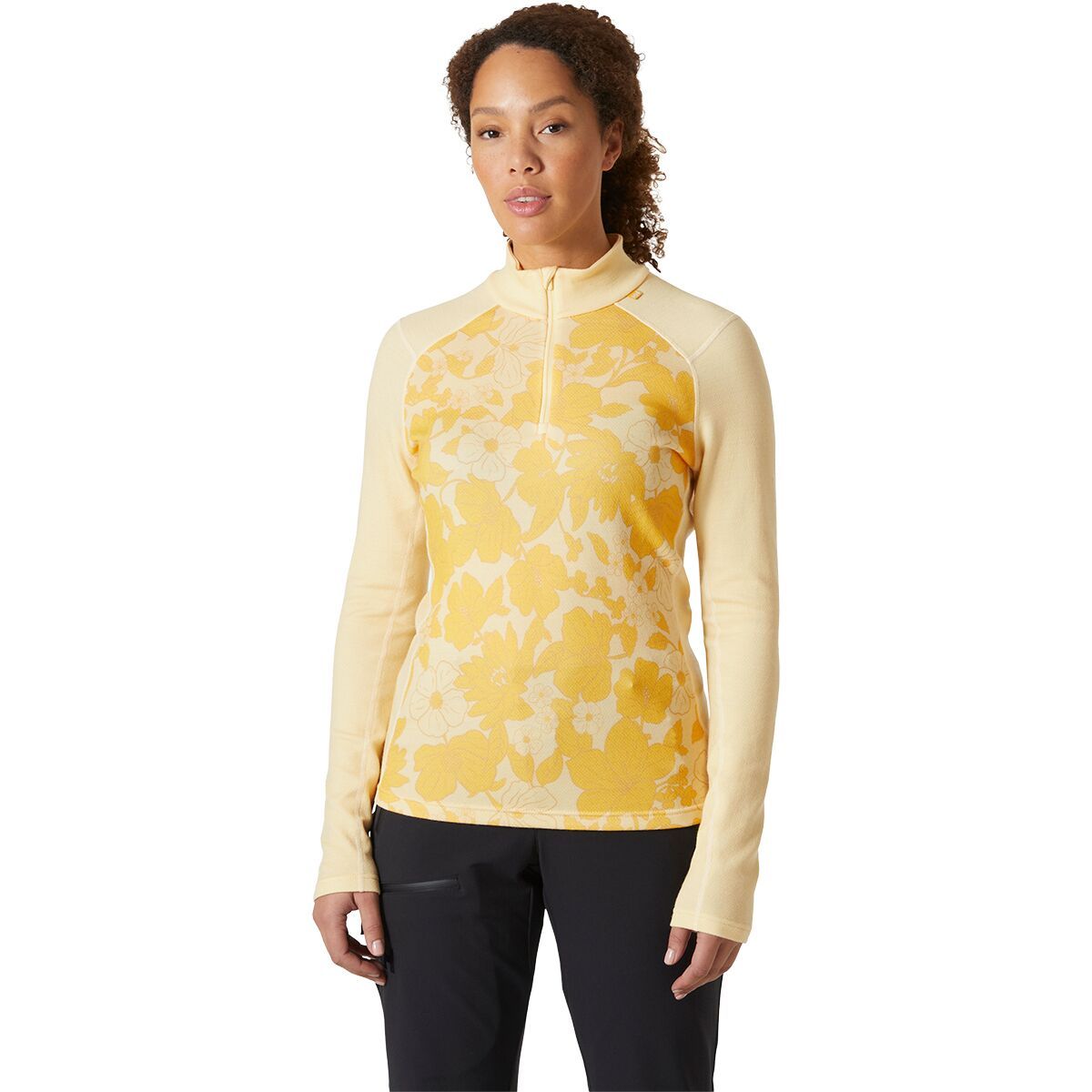 Image of Helly Hansen Lifa Merino Midweight Graphic 1/2-Zip Top - Women's Yellow Cream Floral AOP, M