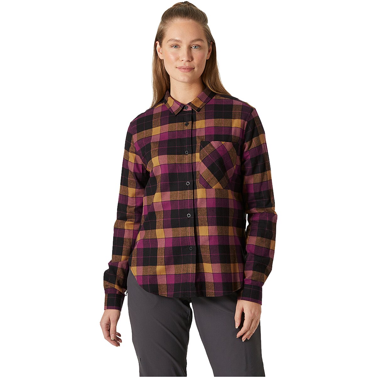 Image of Helly Hansen Lokka Organic Flannel Long-Sleeve Shirt - Women's Dark Magenta Box Stripe Pl, XL