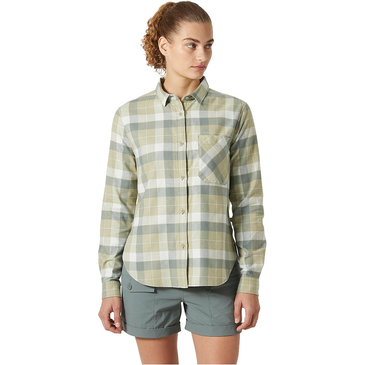 Image of Helly Hansen Lokka Organic Flannel Long-Sleeve Shirt - Women's Light Lav Box Stripe Plaid, M