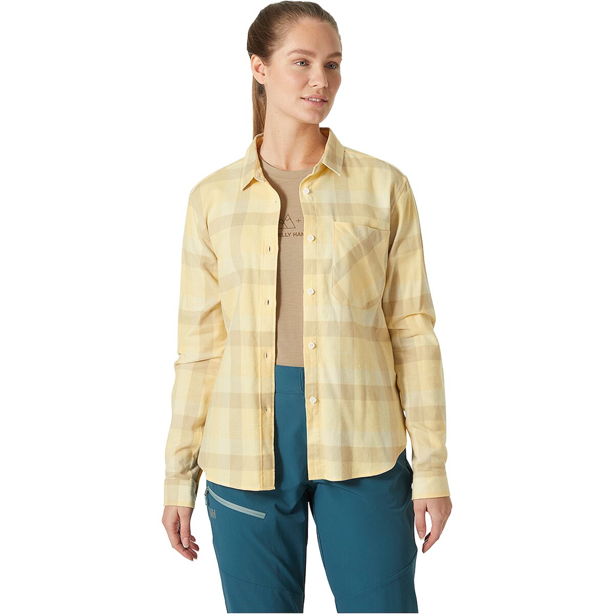 Image of Helly Hansen Lokka Organic Flannel Long-Sleeve Shirt - Women's Yellow Cream Box Stripe Pl, L