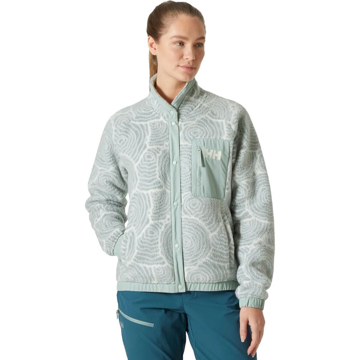 Image of Helly Hansen Imperial Printed Pile Snap Jacket - Women's Greedn Mist Wood Lines AOP, S