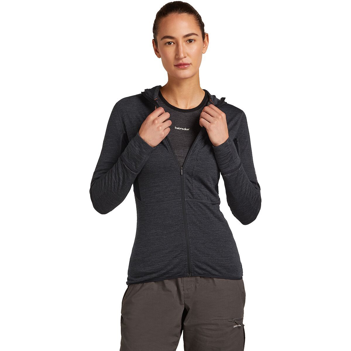 Image of Icebreaker Merino Blend 200 RealFleece Descender Zip Hoodie - Women's Jet Heather/Black/Cb, L