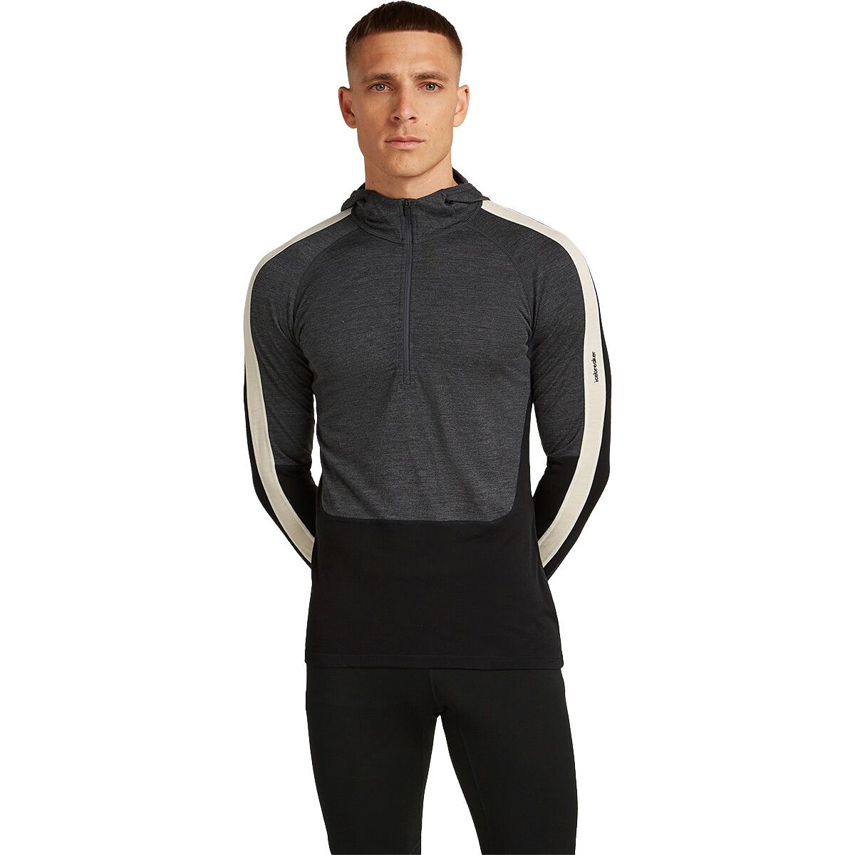 Image of Icebreaker Merino 200 Oasis + Long-Sleeve 1/2-Zip Hoodie - Men's Black/Jet Heather/Undyed/Cb, M