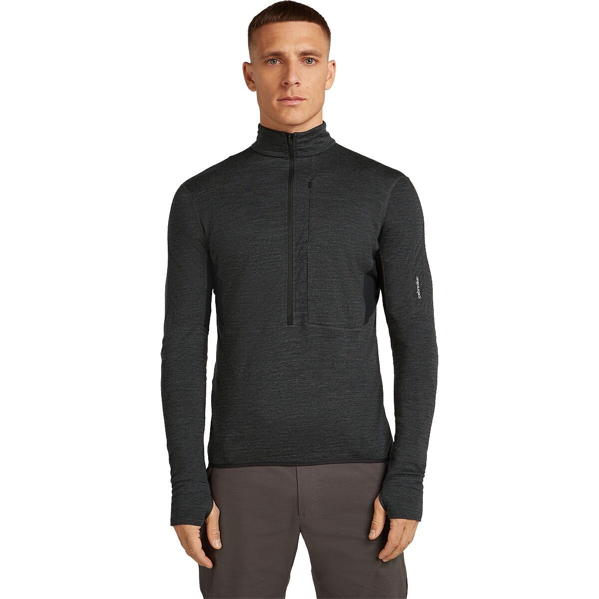 Image of Icebreaker Merino Blend 200 RealFleece Descender LS 1/2-Zip Top - Men's Jet Heather/Black/Cb, M