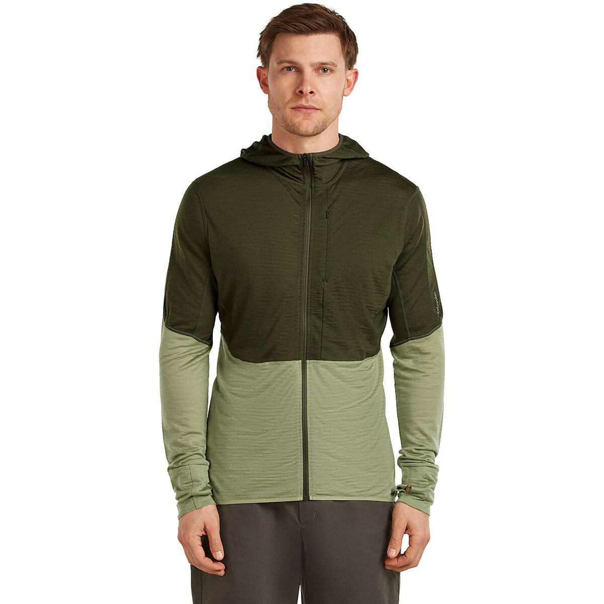 Image of Icebreaker Merino Blend 200 RealFleece Descender LS Zip Hoodie - Men's Dark Loden/Lichen/Cb, M