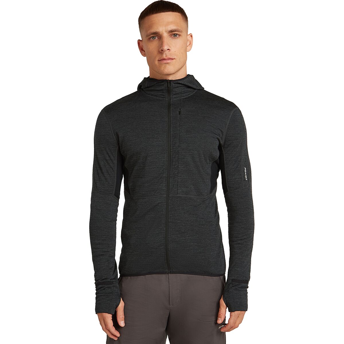 Image of Icebreaker Merino Blend 200 RealFleece Descender LS Zip Hoodie - Men's Jet Heather/Black/Cb, XL