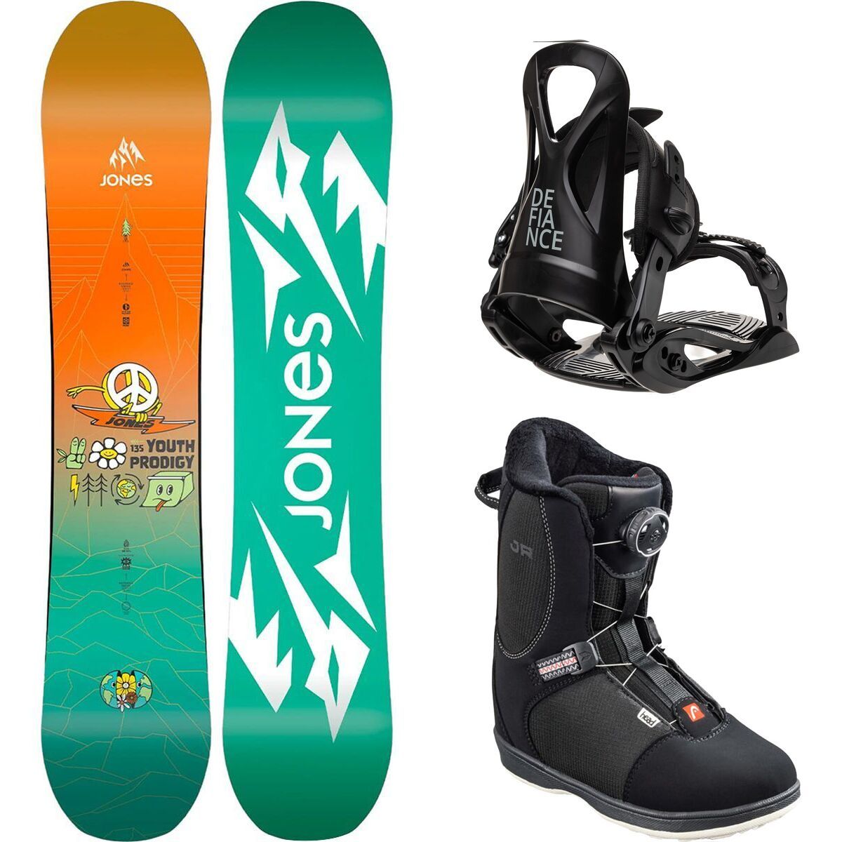 Image of Jones Snowboards Prodigy Snowboard + J1 Binding + Head Jr BOA Boot - Kids' 140cm, 2.0/3.0