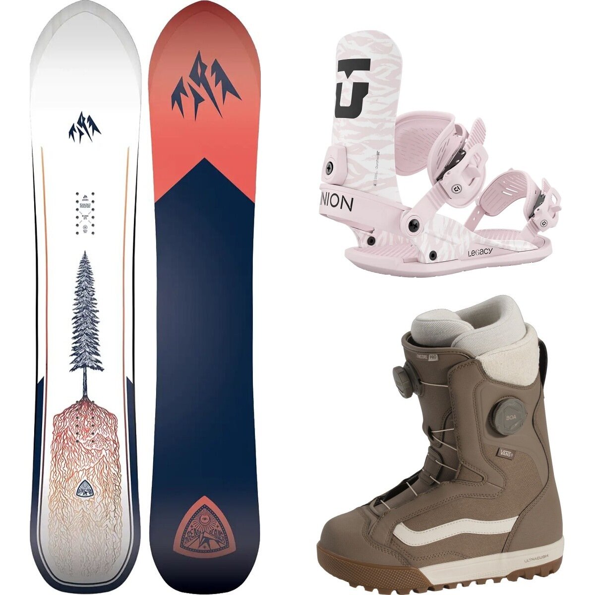 Jones Snowboards Jones Snowboards Dream Weaver 2.0 Snowboard + Legacy Binding + Encore Pro White/Pink/Walnut, 151cm/L/10.0