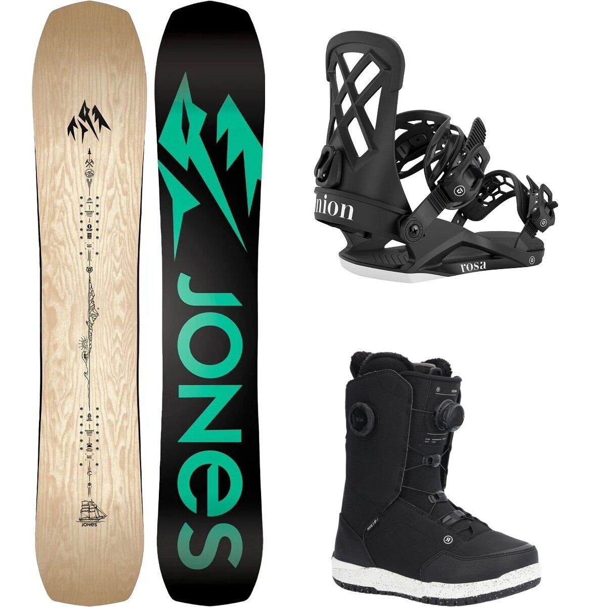 Image of Jones Snowboards Flagship Snowboard + Union Rosa Binding + Hera Boot Wood Veneer/Black/Black, 152cm/M/7.5