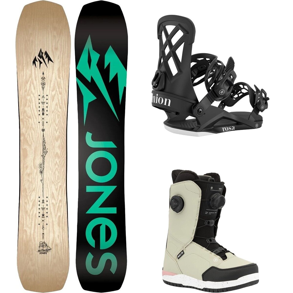 Image of Jones Snowboards Flagship Snowboard + Union Rosa Binding + Hera Boot Wood Veneer/Black/Dust, 152cm/L/9.5