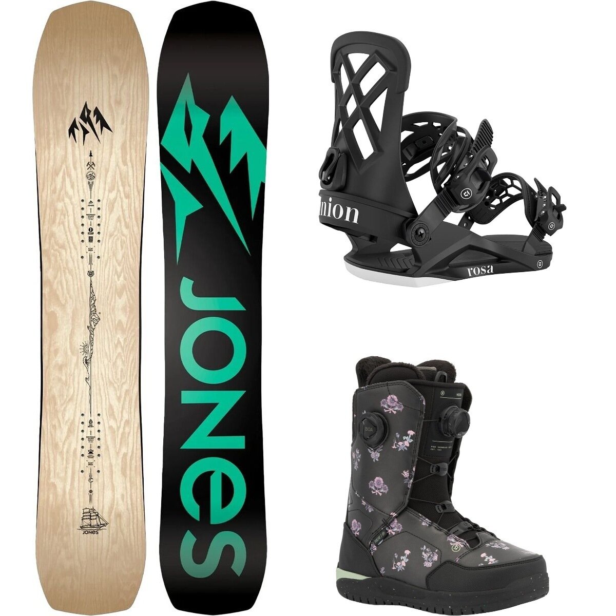 Image of Jones Snowboards Flagship Snowboard + Union Rosa Binding + Hera Boot Wood Veneer/Black/Floral, 155cm/M/7.5