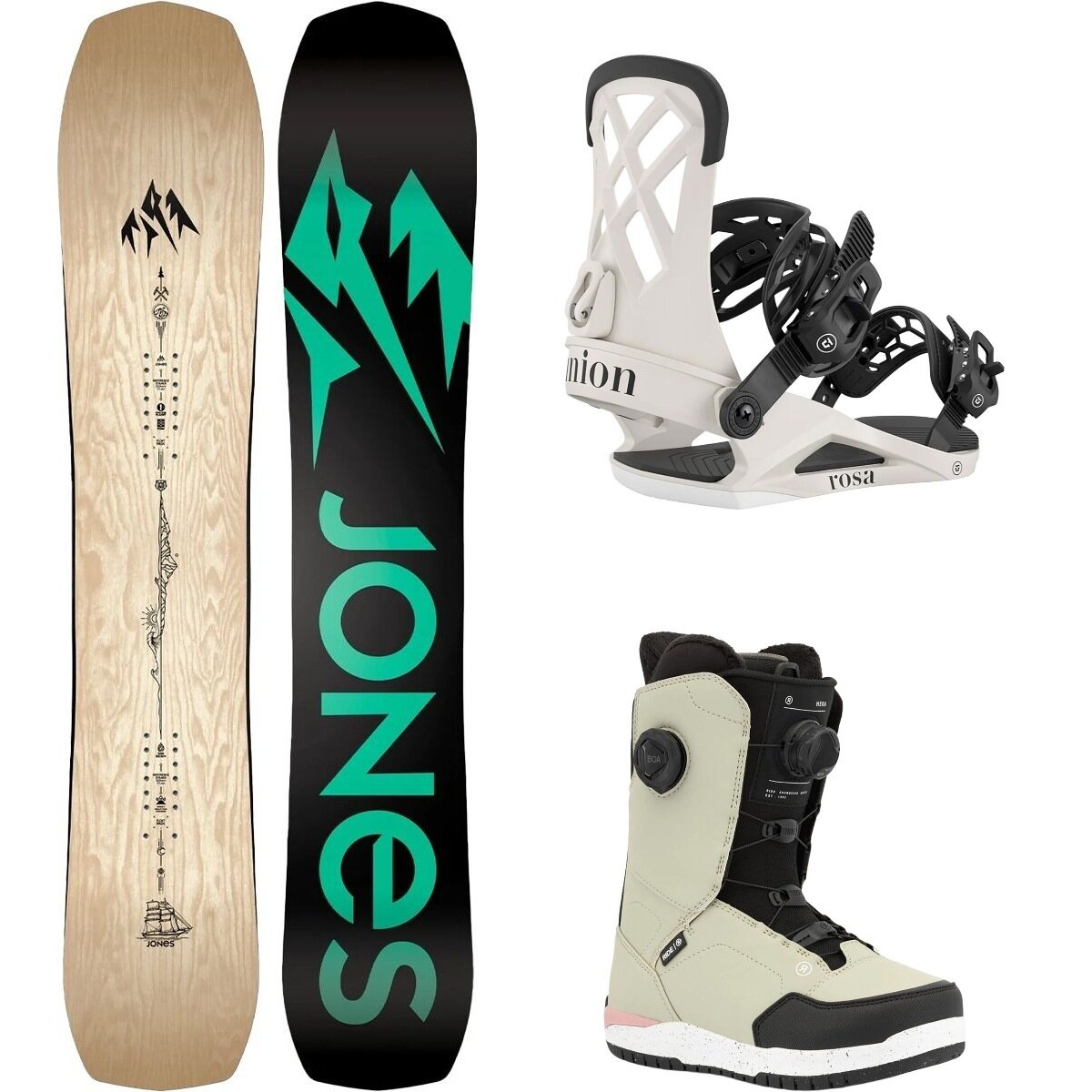 Image of Jones Snowboards Flagship Snowboard + Union Rosa Binding + Hera Boot Wood Veneer/Bone/Dust, 149cm/S/6.0