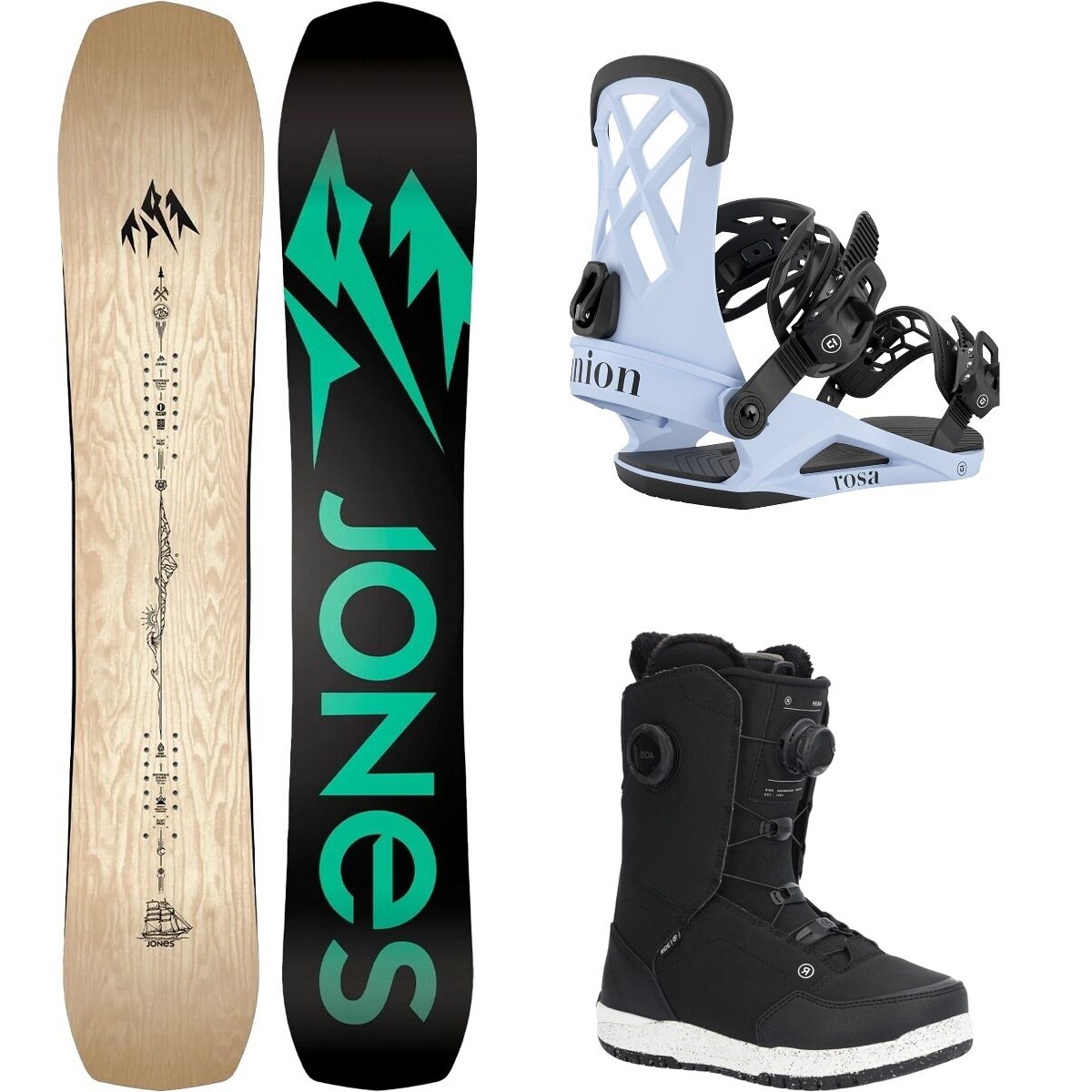 Image of Jones Snowboards Flagship Snowboard + Union Rosa Binding + Hera Boot Wood Veneer/Lt Blue/Black, 152cm/M/7.5
