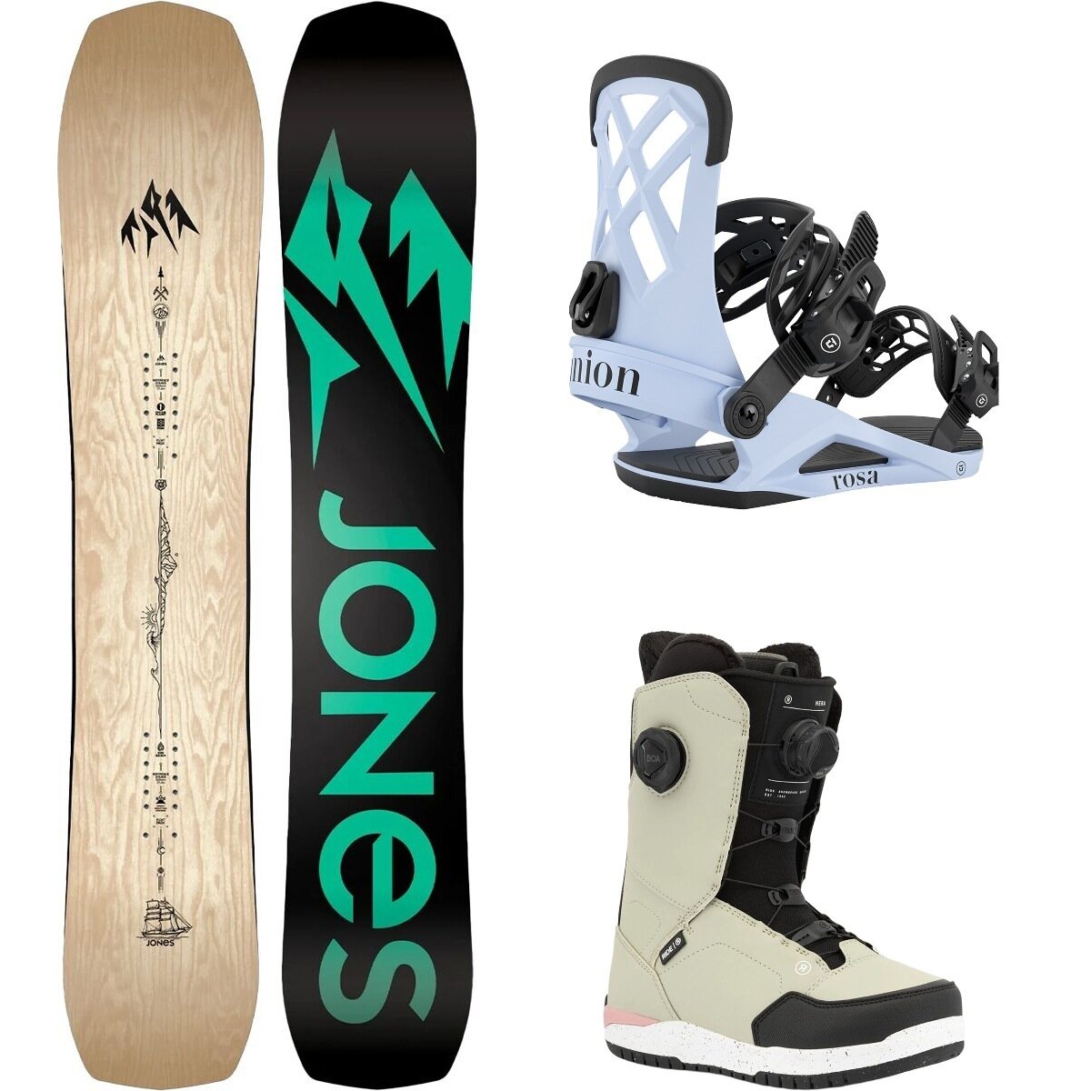 Image of Jones Snowboards Flagship Snowboard + Union Rosa Binding + Hera Boot Wood Veneer/Lt Blue/Dust, 146cm/L/9.5