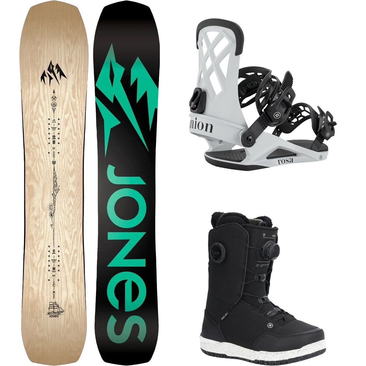 Image of Jones Snowboards Flagship Snowboard + Union Rosa Binding + Hera Boot Wood Veneer/Lt Grey/Black, 155cm/M/7.5