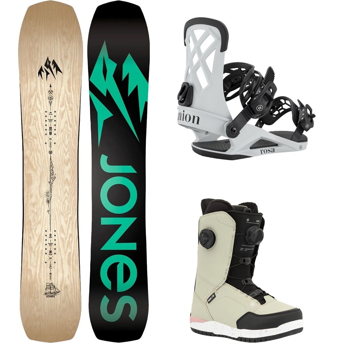 Image of Jones Snowboards Flagship Snowboard + Union Rosa Binding + Hera Boot Wood Veneer/Lt Grey/Dust, 155cm/S/5.5
