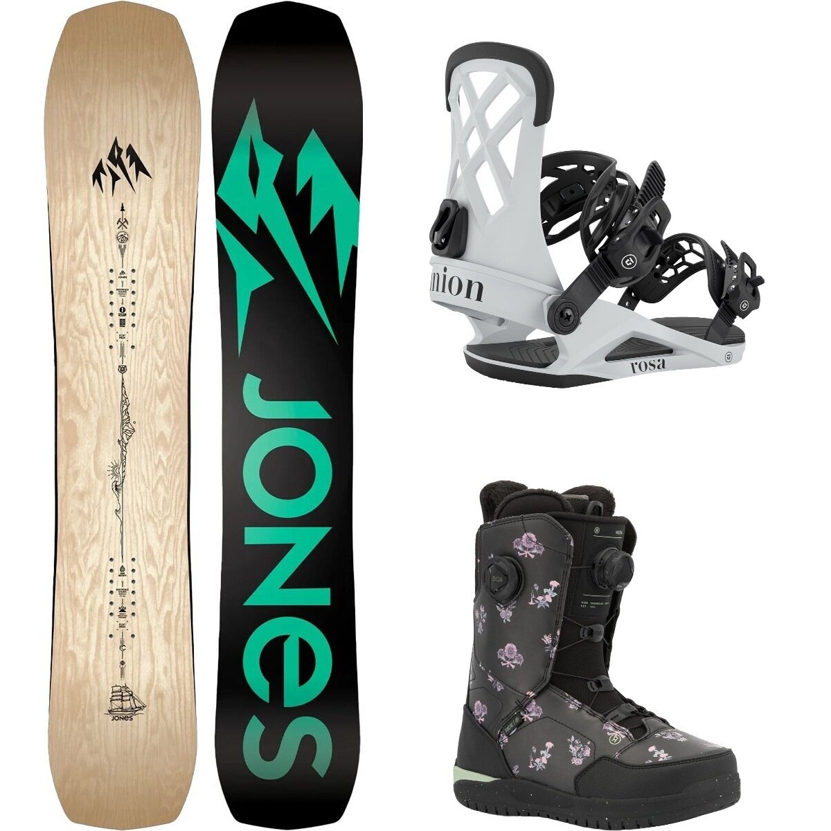 Image of Jones Snowboards Flagship Snowboard + Union Rosa Binding + Hera Boot Wood Veneer/Lt Grey/Floral, 146cm/L/7.5