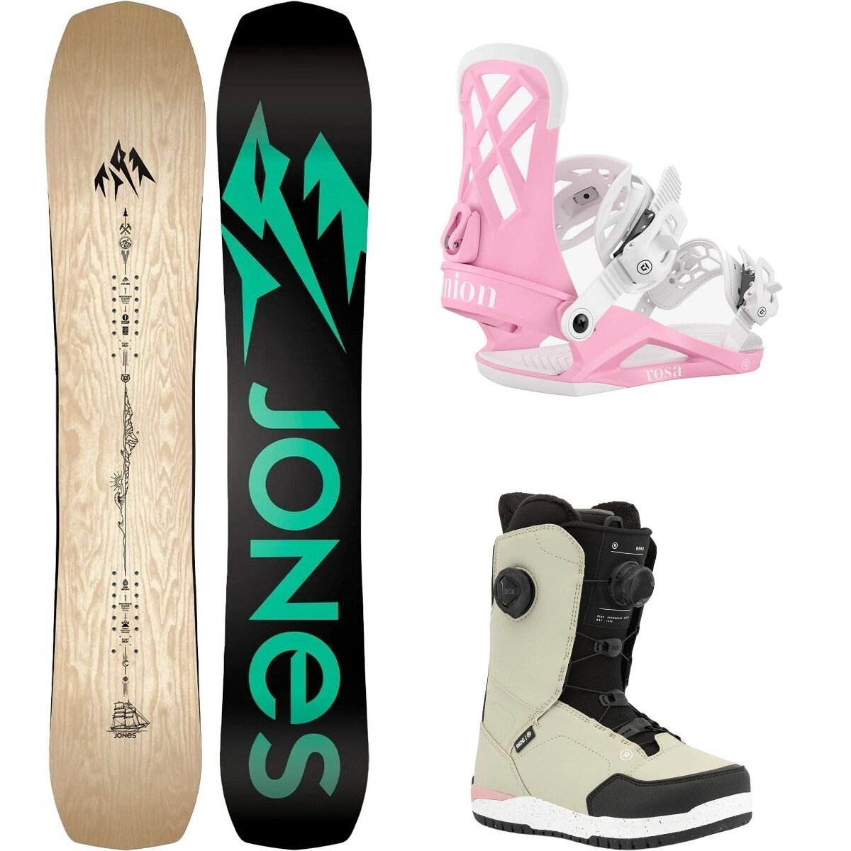 Image of Jones Snowboards Flagship Snowboard + Union Rosa Binding + Hera Boot Wood Veneer/Pink/Dust, 155cm/M/8.0