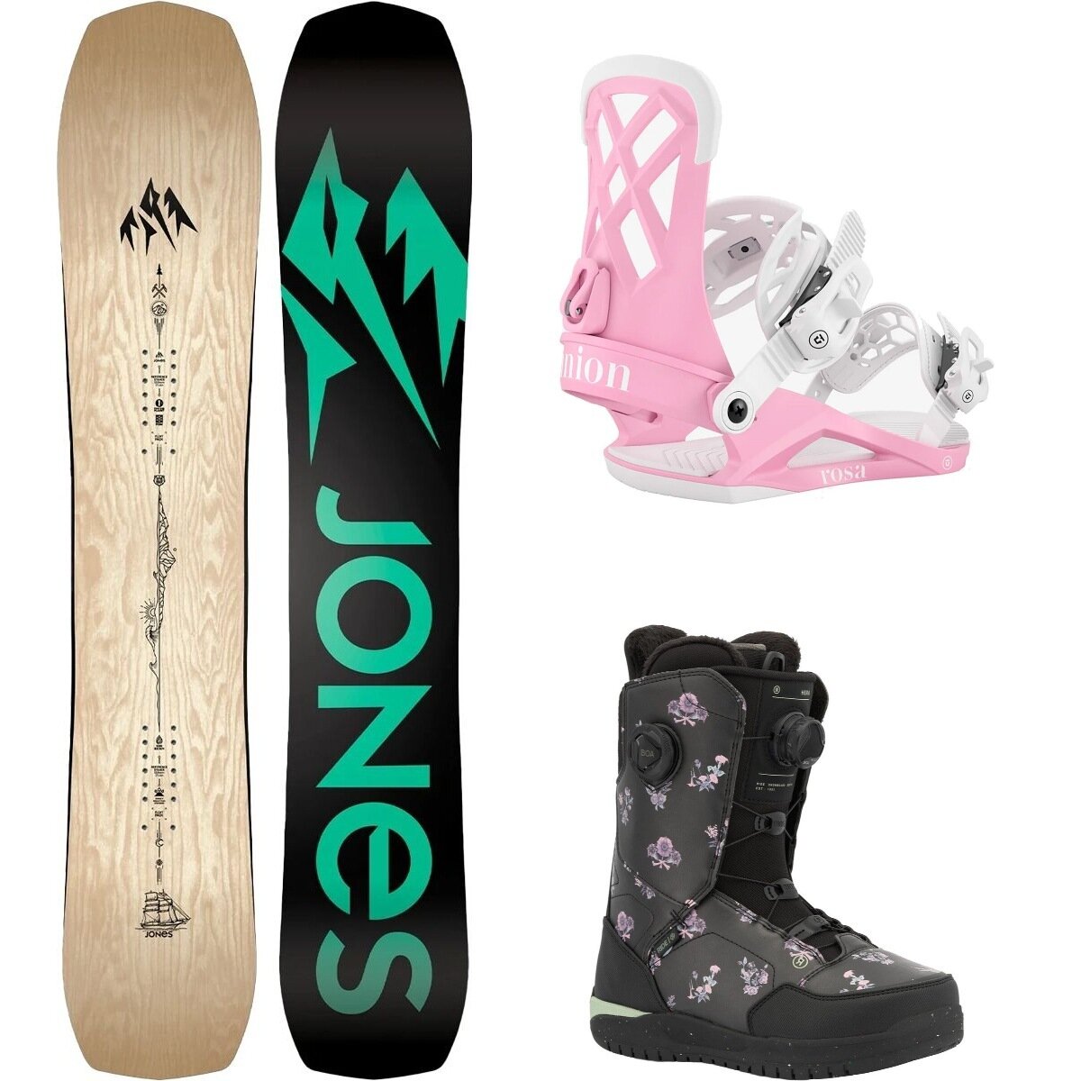 Image of Jones Snowboards Flagship Snowboard + Union Rosa Binding + Hera Boot Wood Veneer/Pink/Floral, 146cm/M/6.5