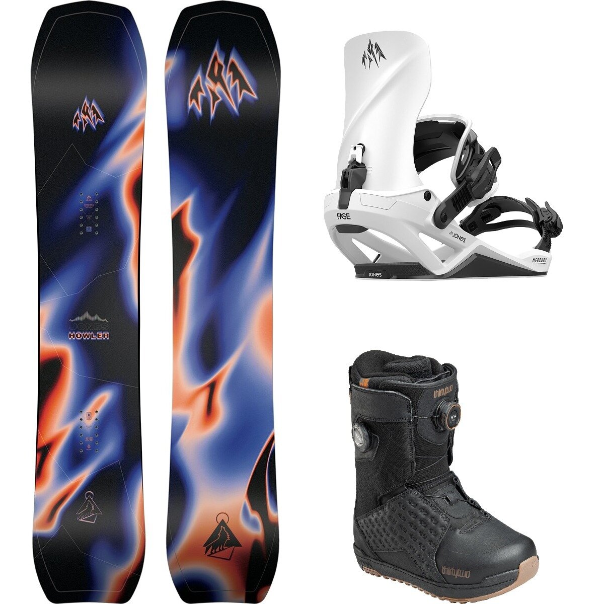 Image of Jones Snowboards Howler w/ Lashed Double BOA + Mercury FASE Snowboard Package Blk/CldWht/Blk/Blk/Gum, 160cm wide/L/11.5