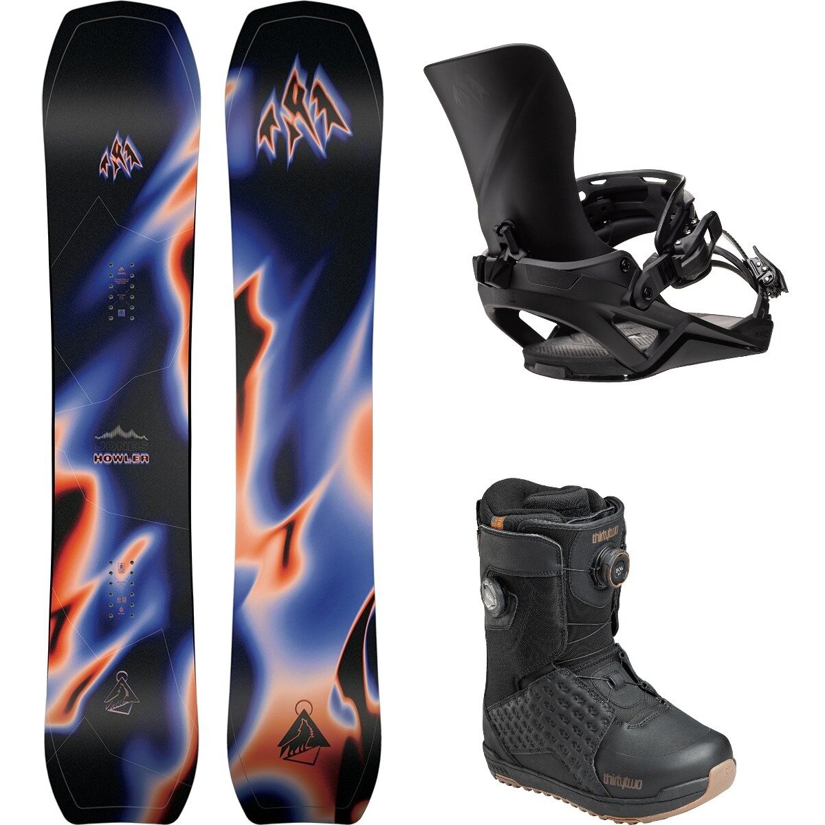 Image of Jones Snowboards Howler w/ Lashed Double BOA + Mercury FASE Snowboard Package Blk/SthBlk/Blk/Blk/Gum, 160cm wide/L/12.0
