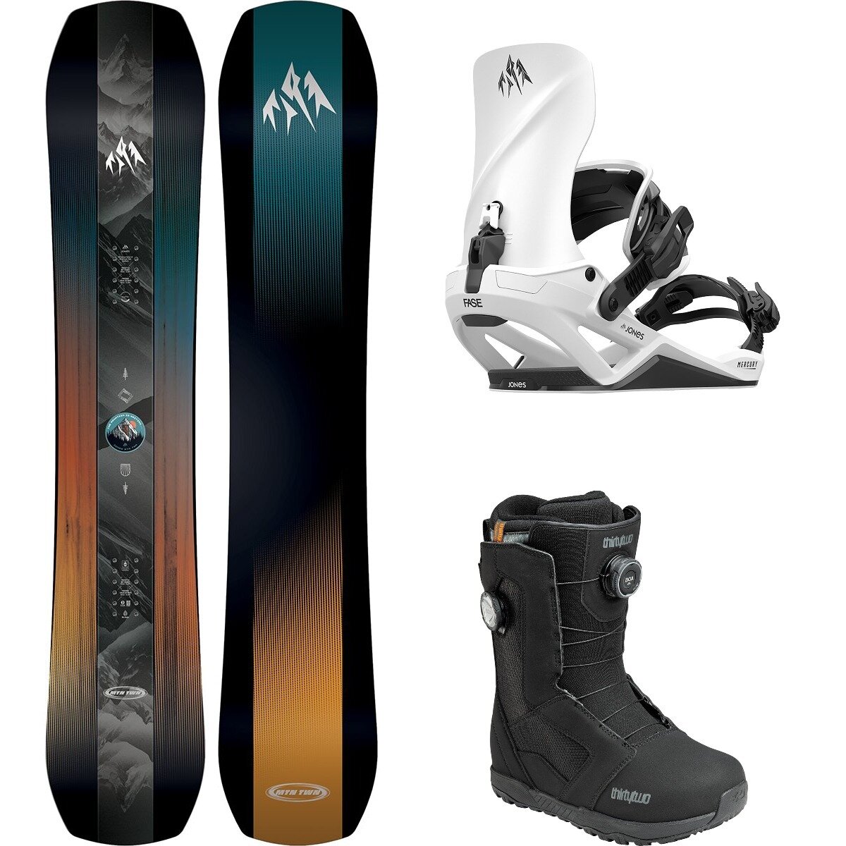 Image of Jones Snowboards Mountain Twin w/ STW BOA + Mercury FASE Snowboard Package Blk/CldWht/Blk/Blk, 161cm ultra wide/L/11.0