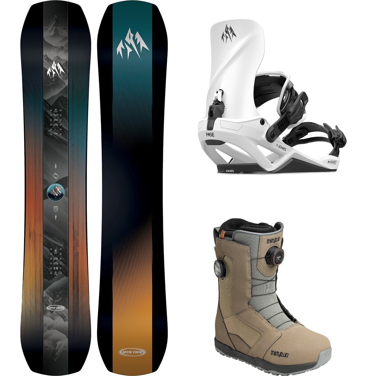 Image of Jones Snowboards Mountain Twin w/ STW BOA + Mercury FASE Snowboard Package Blk/CldWht/Brown/Grey, 156cm wide/L/12.0