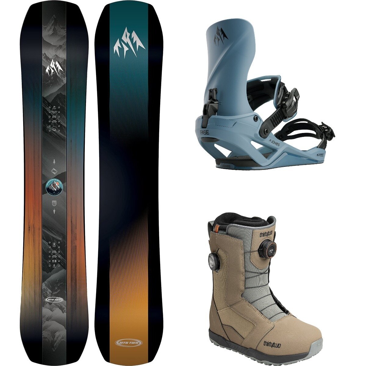 Image of Jones Snowboards Mountain Twin w/ STW BOA + Mercury FASE Snowboard Package Blk/PlrBlu/Brown/Grey, 156cm wide/M/10.0