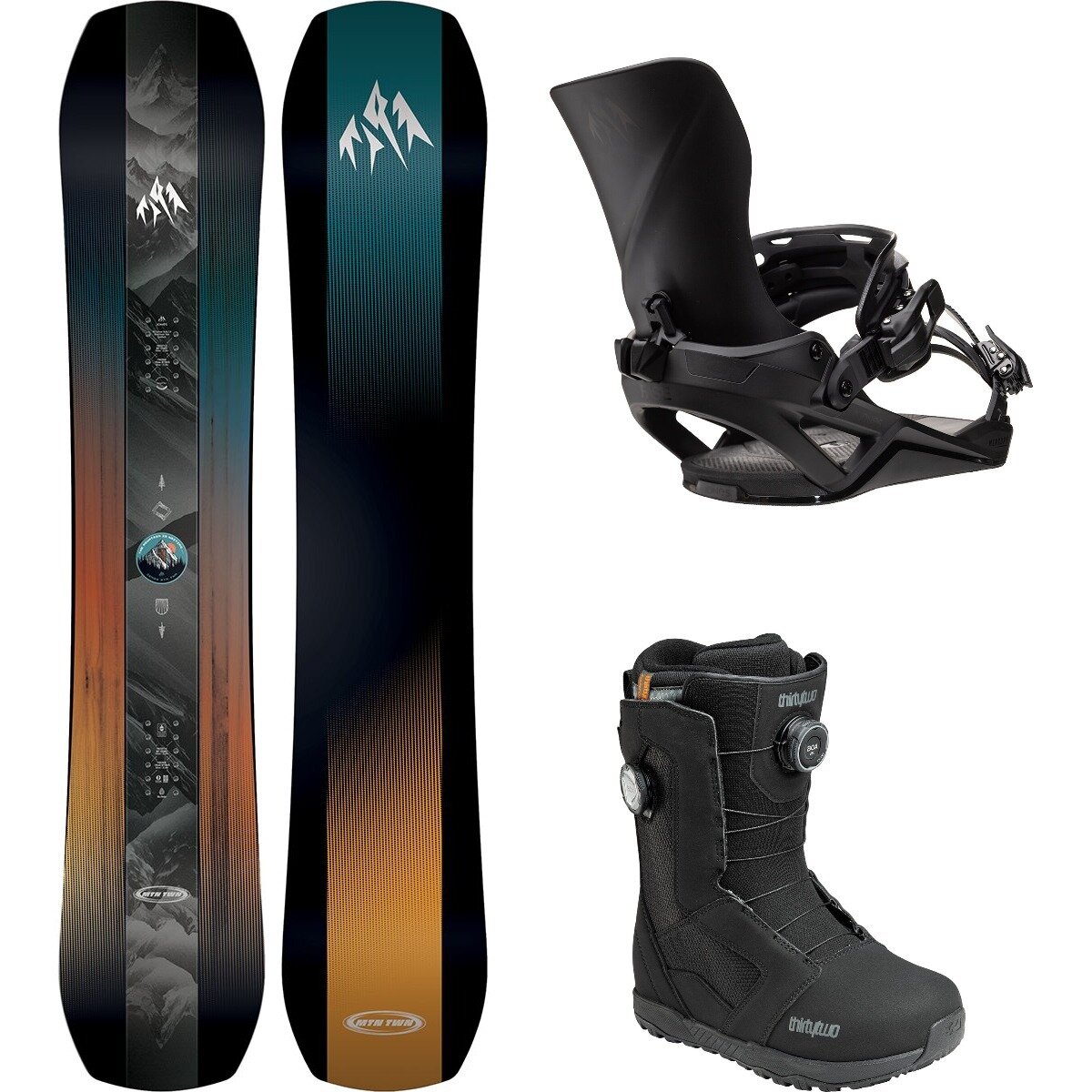 Image of Jones Snowboards Mountain Twin w/ STW BOA + Mercury FASE Snowboard Package Blk/SthBlk/Blk/Blk, 151cm/M/9.0