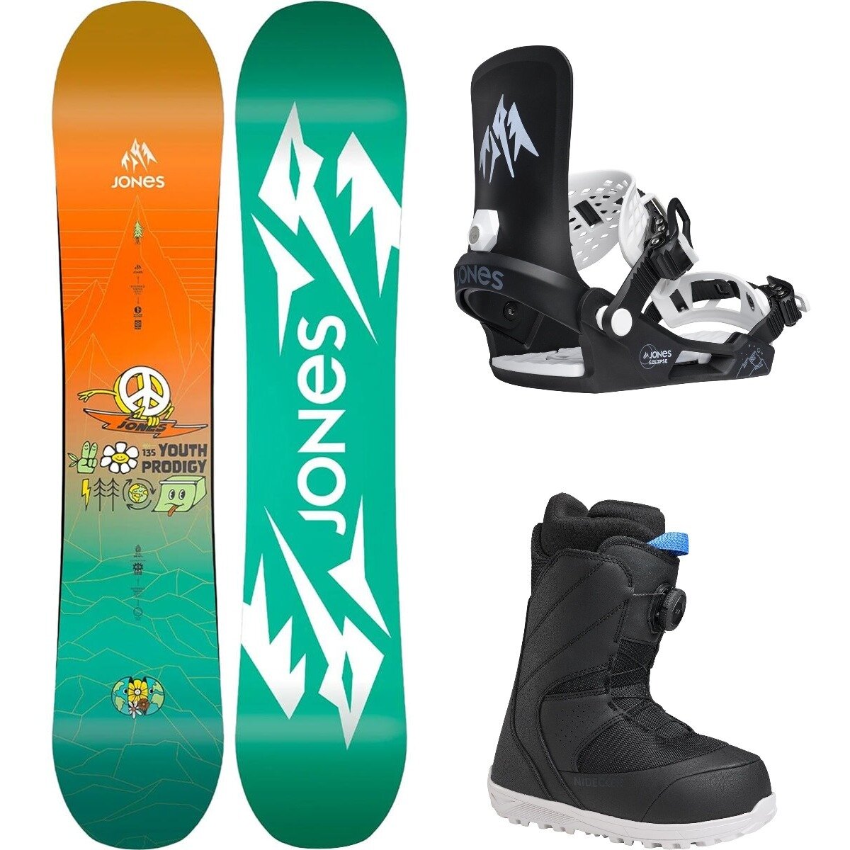 Image of Jones Snowboards Prodigy w/ Micron + Eclipse Snowboard Package - Kids' Org/Teal/BlizBlk/Blk, 140cm/S/5.0
