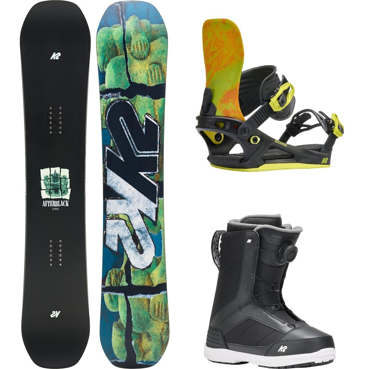 Image of K2 Afterblack w/ Raider Boa + Bond Snowboard Package OneCol,Neon,Black, 159cm Wide,M,9.5