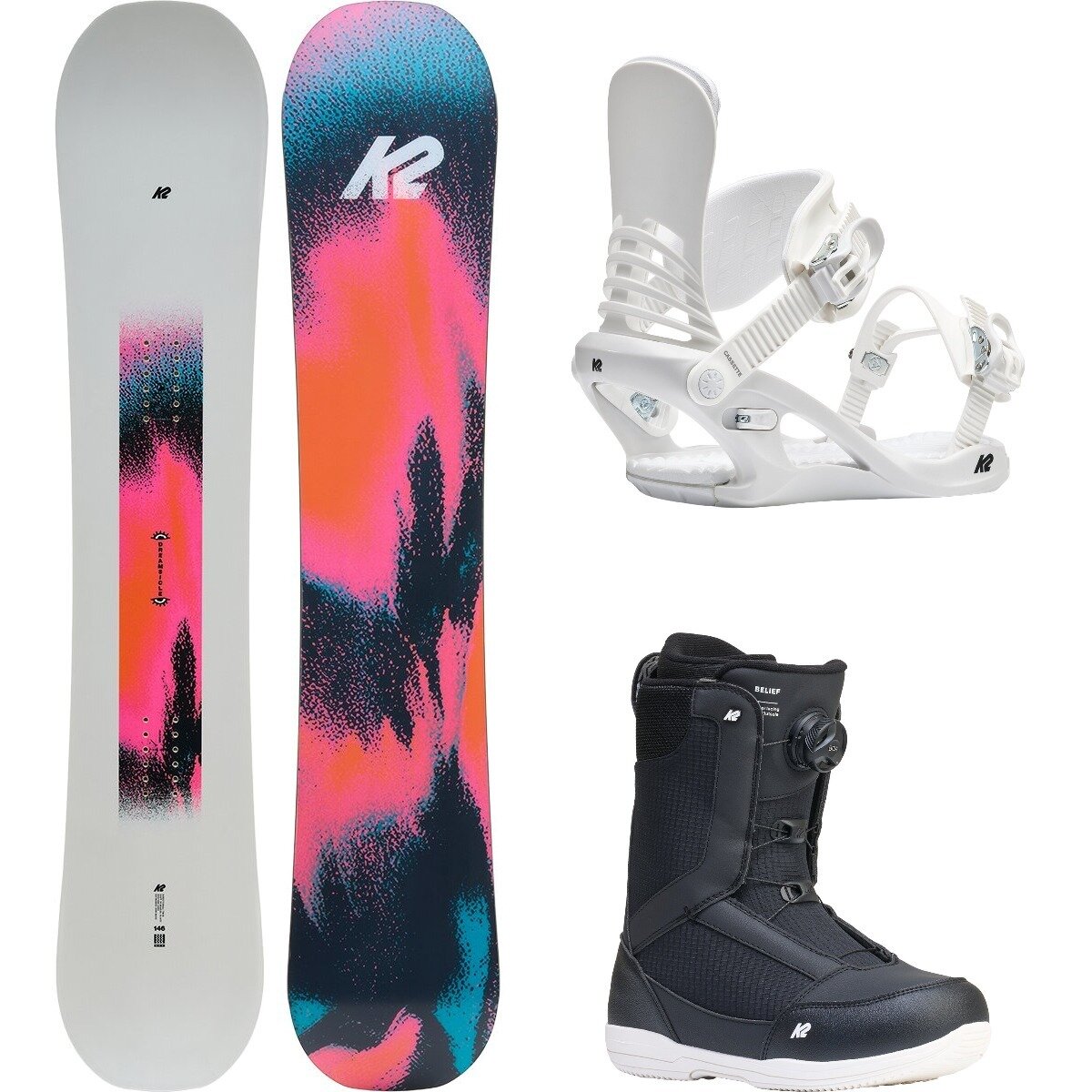 Image of K2 Dreamsicle w/ Belief + Cassette Snowboard Package - Women's OneCol,White,Black, 142cm,M,7.5