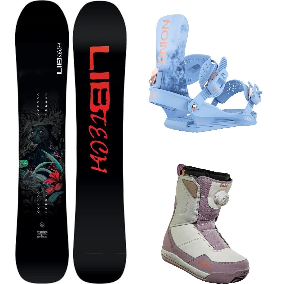 Image of Lib Technologies Dynamiss Snowboard + Juliet Binding + Shifty BOA Boot One Color/Tie Dye/Gray/Purple, 142cm/L/9.0