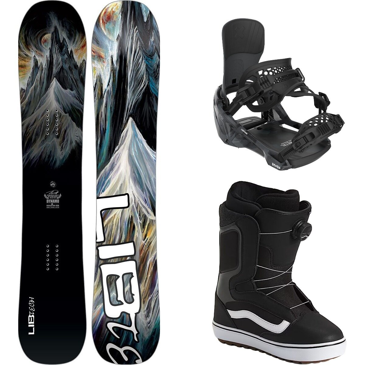 Image of Lib Technologies Dynamo Snowboard + Lightning Supermatic Binding + Aura OG One Color/Black/Black/White 20, 156cm/L/13.0
