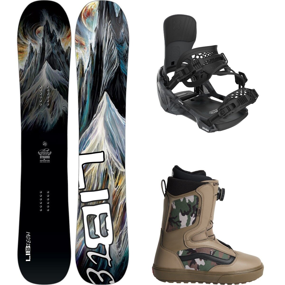Image of Lib Technologies Dynamo Snowboard + Lightning Supermatic Binding + Aura OG One Color/Black/Camo/Black, 153cm/L/11.5