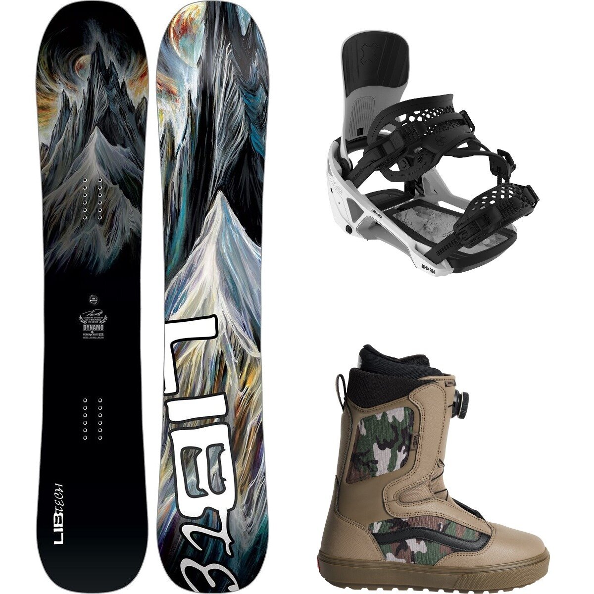 Image of Lib Technologies Dynamo Snowboard + Lightning Supermatic Binding + Aura OG One Color/White/Camo/Black, 159cm/M/10.0