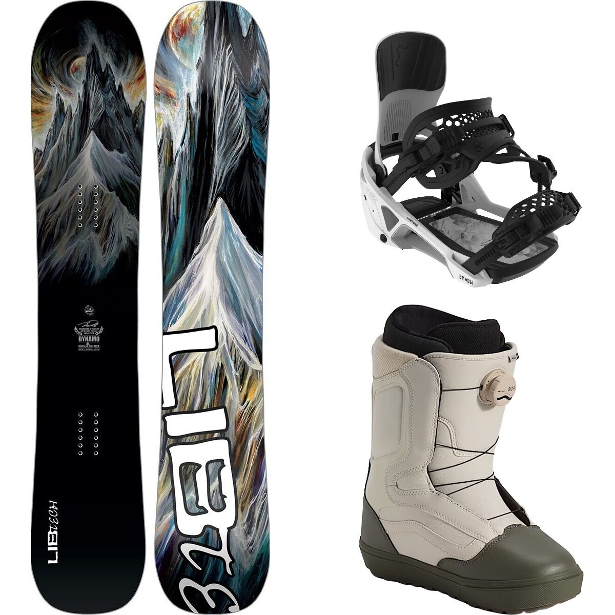 Image of Lib Technologies Dynamo Snowboard + Lightning Supermatic Binding + Aura OG One Color/White/Grape Leaf/Oatmeal, 153cm/L/13.0