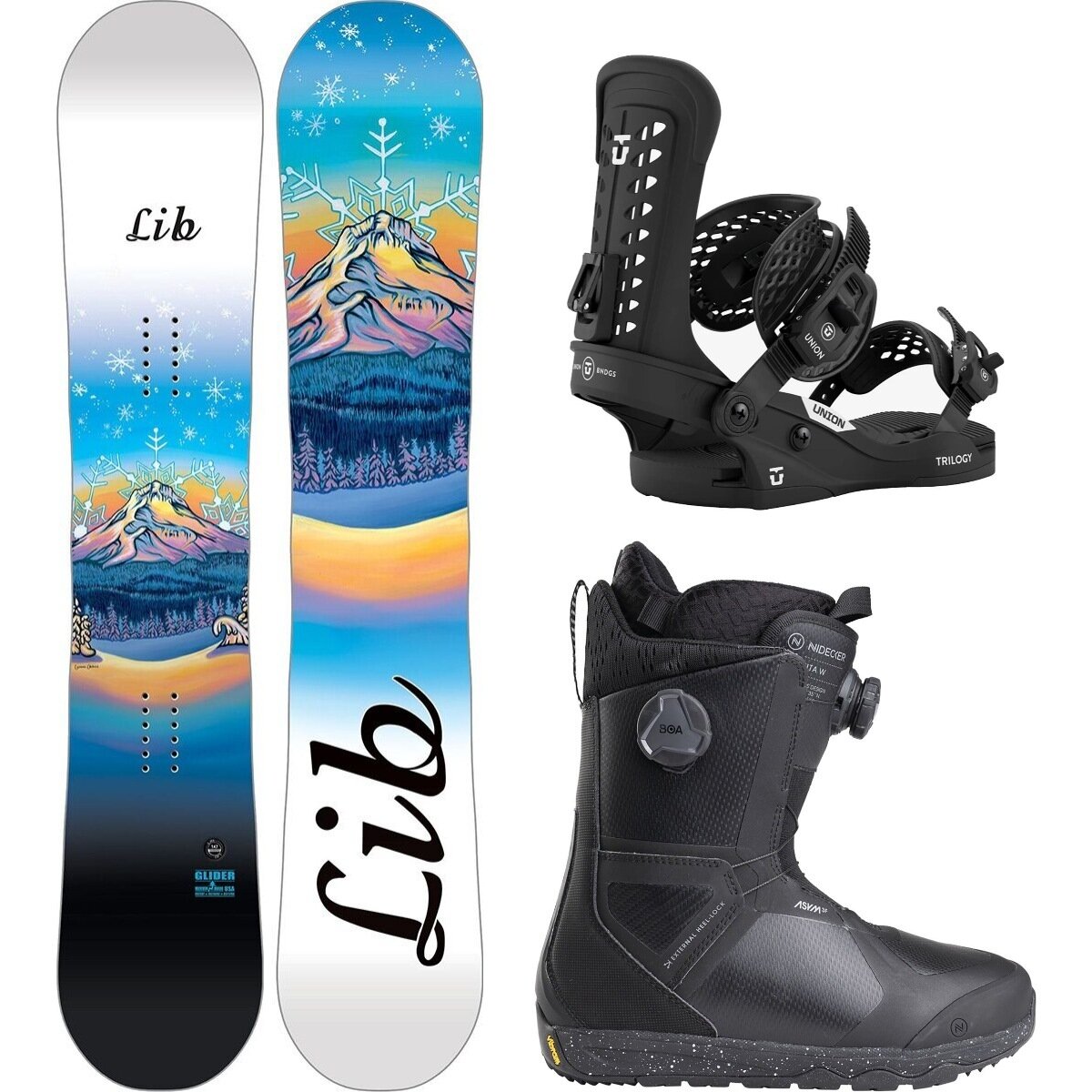 Image of Lib Technologies Glider Snowboard + Trilogy Classic Binding + Kita Boot One Color/Black/Black, 143cm/S/5.5