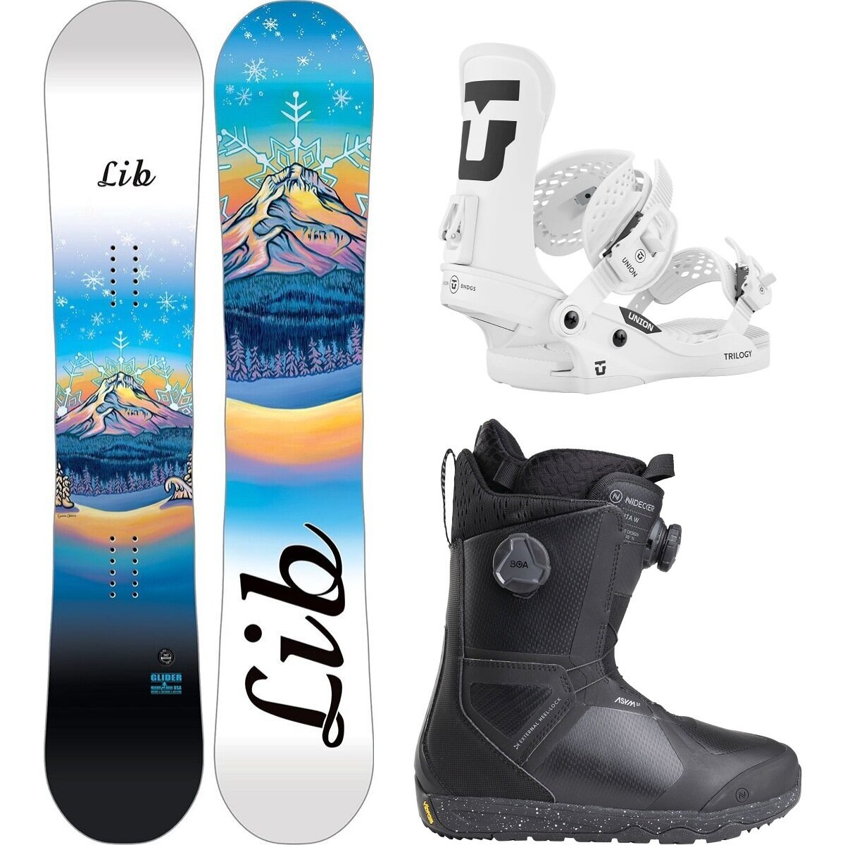 Image of Lib Technologies Glider Snowboard + Trilogy Classic Binding + Kita Boot One Color/White/Black, 151cm/L/8.5